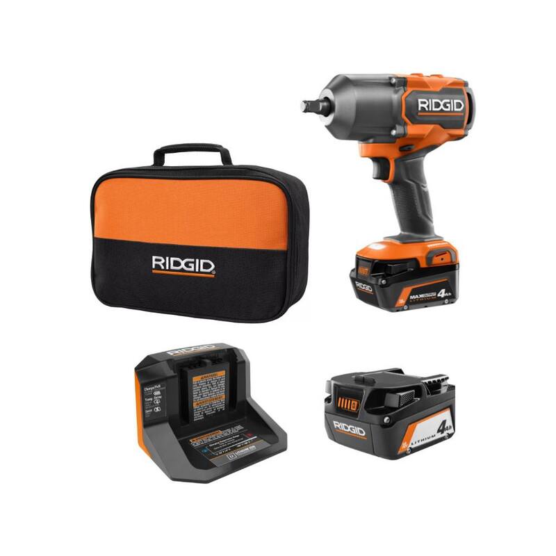Llave de impacto de alto torque RIDGID 18V Brushless de 4 modos 1/2 pulg con kit de batería de 4.0 Ah, cargador y batería de 18V 4.0 Ah - R86212KN-AC87004