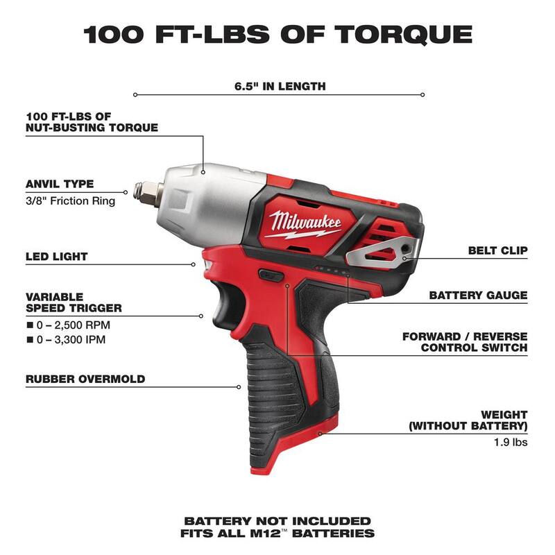 Llave de impacto inalámbrica de 3/8 de pulgada Milwaukee M12 de 12V de iones de litio (solo herramienta) - 2463-20