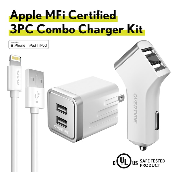 Delton Lightning Phone Charger Set, Apple iPhone Certified 4ft USB Cable w/ Dual Port Wall & Car Adapters - DAC3IN1
