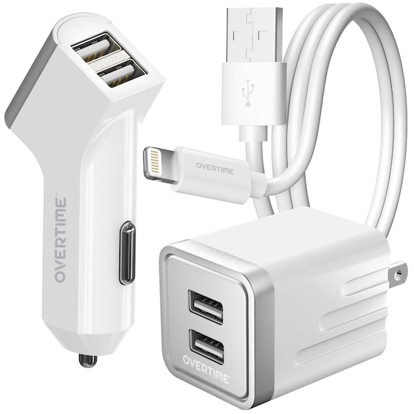 Delton Lightning Phone Charger Set, Apple iPhone Certified 4ft USB Cable w/ Dual Port Wall & Car Adapters - DAC3IN1