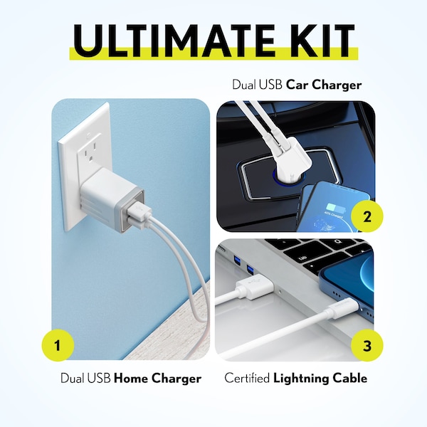 Delton Lightning Phone Charger Set, Apple iPhone Certified 4ft USB Cable w/ Dual Port Wall & Car Adapters - DAC3IN1