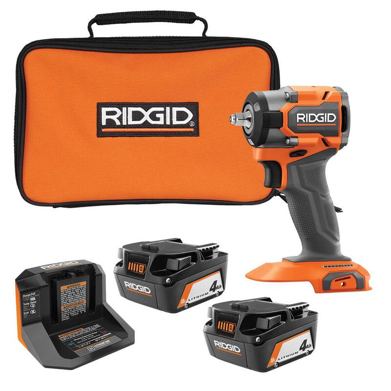 Llave de impacto inalámbrica sin escobillas RIDGID 18V SubCompact de 3/8 pulgadas con (2) baterías de 4.0 Ah, cargador y bolsa - R872071B-AC93044SBN