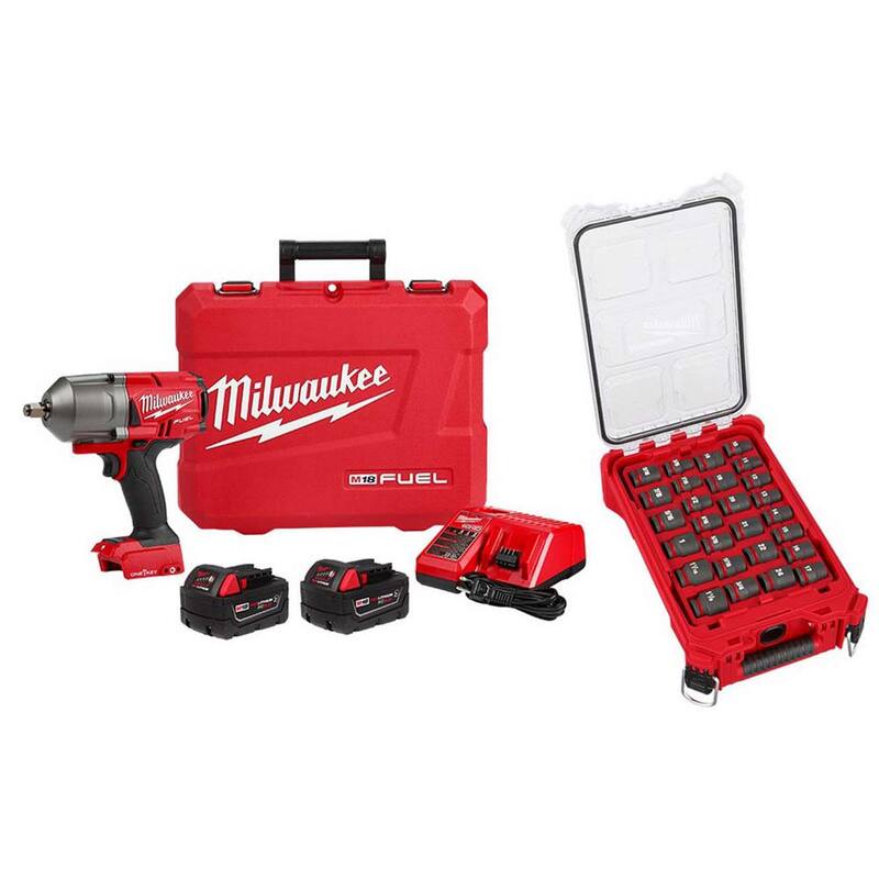 Llave de impacto inalámbrica Milwaukee M18 FUEL ONE-KEY de 18V con tecnología Li-Ion sin escobillas de 1/2 pulgadas de alto torque con anillo de fricción y set de sockets de impacto.
