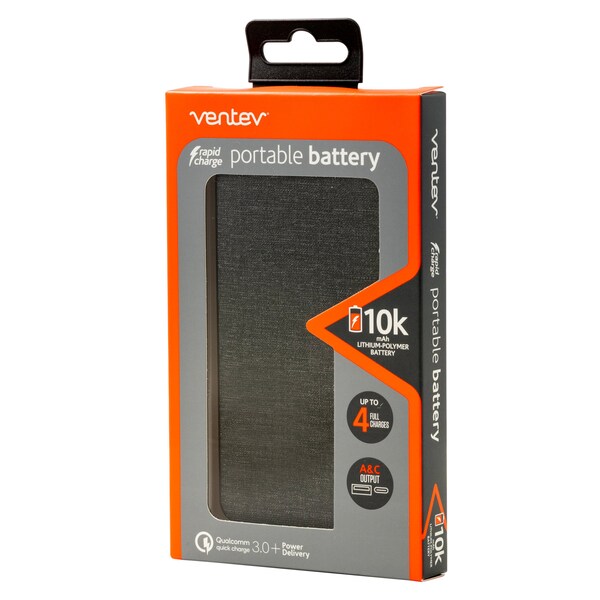 Ventev Portable Battery PD 10,000 mAh, Gray - PWRCEL10PGVNV