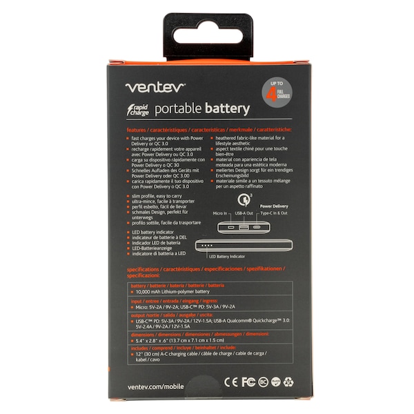 Ventev Portable Battery PD 10,000 mAh, Gray - PWRCEL10PGVNV