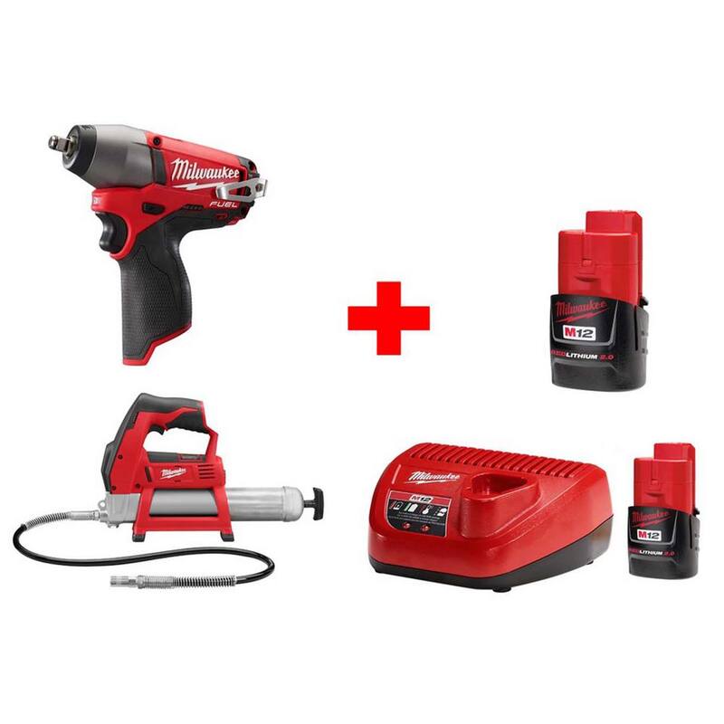 Juego combinado de llave de impacto sin cable Milwaukee M12 12V de 3/8 in con batería de iones de litio y pistola de grasa (2 herramientas) - 2454-20-2446-20-48-59-2420-48-11-2420