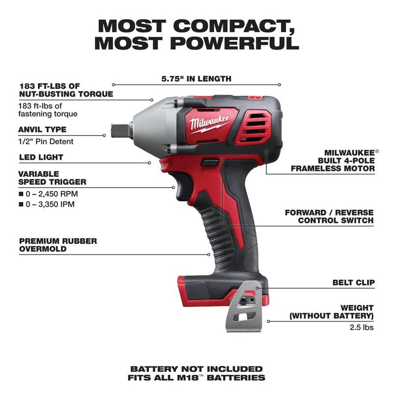 Llave de impacto inalámbrica Milwaukee M18 de 18V de 1/2 pulgadas con tecnología de iones de litio y pin de retención (solo herramienta) - 2659-20.