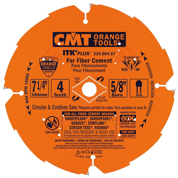 Cmt Orange Tools ITK PLUS Diamond Saw Blade for Fiber Cement Products 10In x 6 Trapezoidal Teeth 58In Bore - 236.006.10