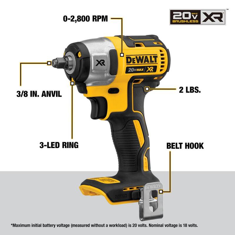 Llave de Impacto Compacta Inalámbrica sin escobillas DEWALT 20V MAX XR de 3/8 pulgadas (Herramienta Solamente) - DCF890B