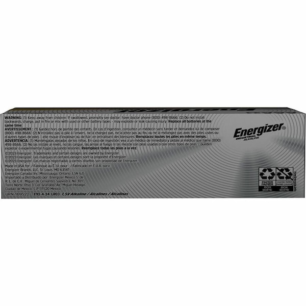 Energizer Industrial AAA Alkaline Battery, 1.5V DC, 24 Pack - EN92