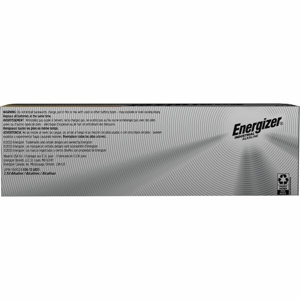 Energizer Industrial D Alkaline Battery, 1.5V DC, 12 Pack - EN95