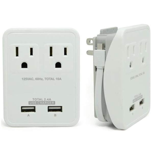Rnd Accessories RND Accessories Compact Power Station 2.4 Amp Dual Ports; 2 AC Outlet Wall Charger With 7 in. Micro USB Cable - White - RND-WPT221-W