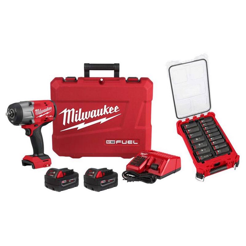 Milwaukee M18 FUEL 18V Atornillador de Impacto Inalámbrico de Alto Torque de 1/2 pulgadas sin Escobillas de Litio-Ion con Anillo de Fricción Kit y Juego de Vasos de Impacto - 2967-22-49-66-6803