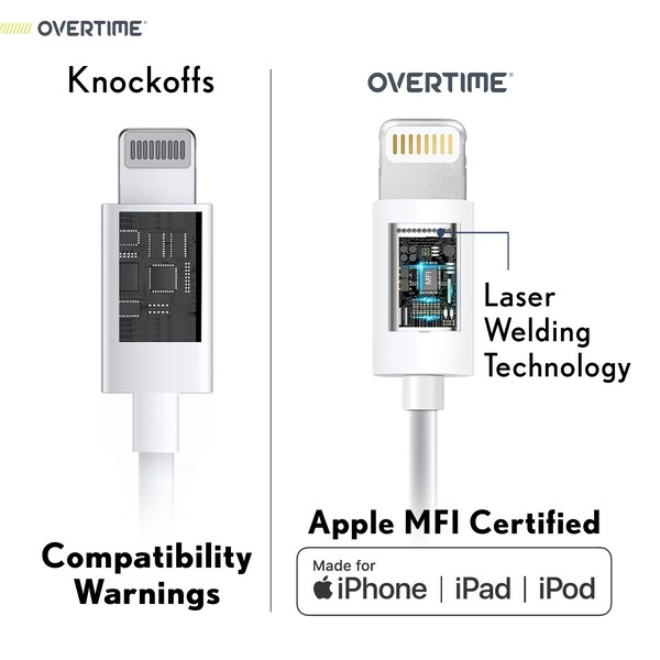Overtime iOS Compatible Lightning Charger Set of 3, 1ft iPhone Charger Cable, USB to Lightning Cable, White - OTDCIP1WHX3