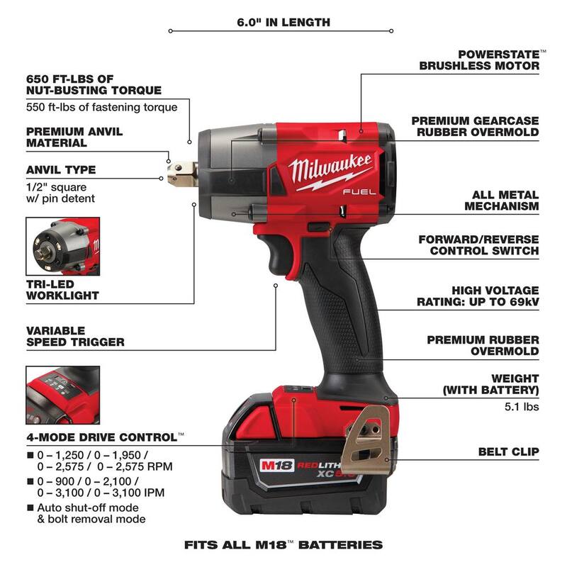 Milwaukee M18 FUEL 18V Lithium-Ion Brushless Cordless 1/2 in. Llave de Impacto de Medio Torque con Retén de Pasador, Kit de Baterías Resistentes - 2962P-22R