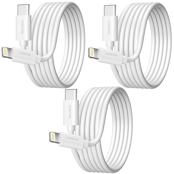 Overtime iOS Compatible Charger Set of 3, 10ft USBC iPhone Charger Cable, USB Type C to Lightning Cable, White - OTDCIPUSBTC10WHX3