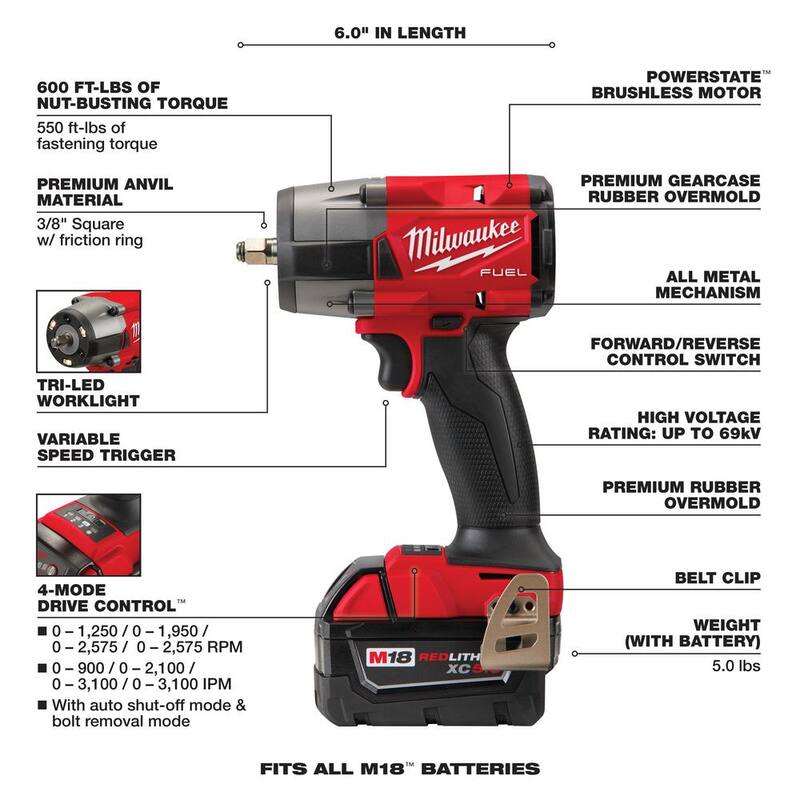 Llave de Impacto Inalámbrica sin Escobillas de Medio Torque Milwaukee M18 FUEL GEN-2 de 18V con Batería de 5.0 Ah - 2960-20-48-11-1850