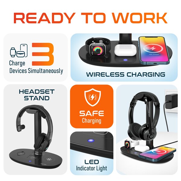 Delton Wireless Charger Headset Stand, 3 Wireless Charging Pads w/ Built-in Headphone Stand - DHSWC1