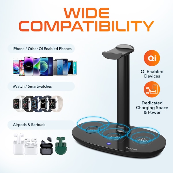 Delton Wireless Charger Headset Stand, 3 Wireless Charging Pads w/ Built-in Headphone Stand - DHSWC1