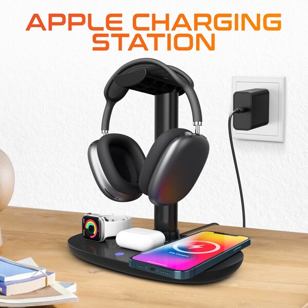 Delton Wireless Charger Headset Stand, 3 Wireless Charging Pads w/ Built-in Headphone Stand - DHSWC1