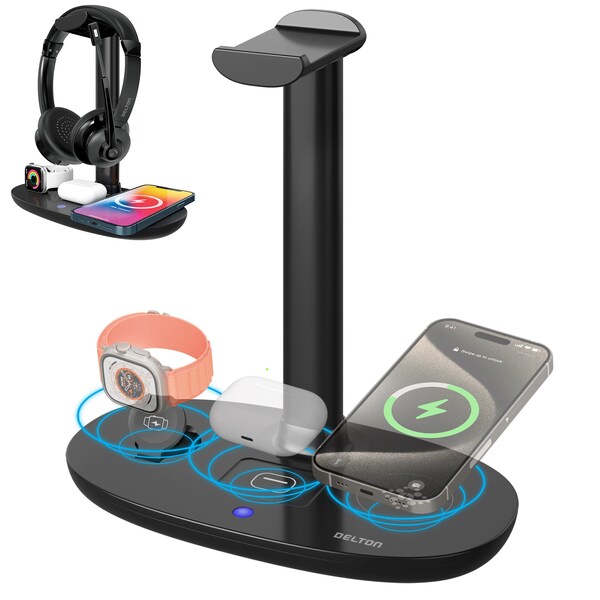 Delton Wireless Charger Headset Stand, 3 Wireless Charging Pads w/ Built-in Headphone Stand - DHSWC1