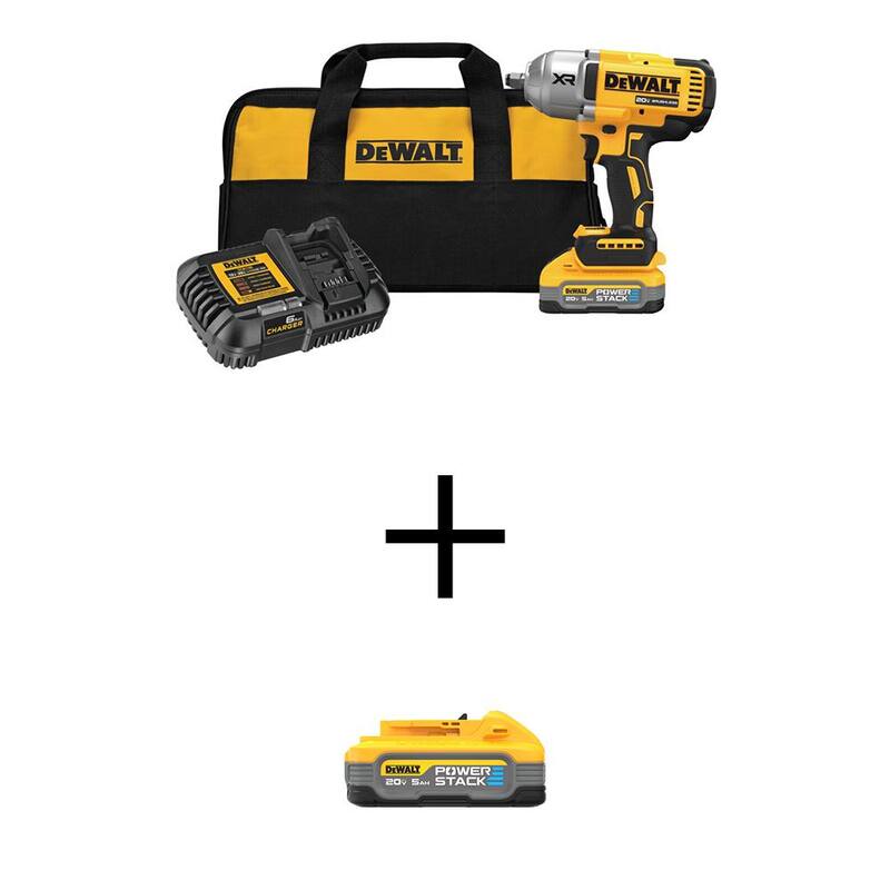 Llave de impacto inalámbrica de 1/2 pulgadas DEWALT 20V Max XR de iones de litio con anillo de retención Hog Ring, kit con (2) baterías Powerstack de 5Ah y cargador - DCF900H1WCBP520
