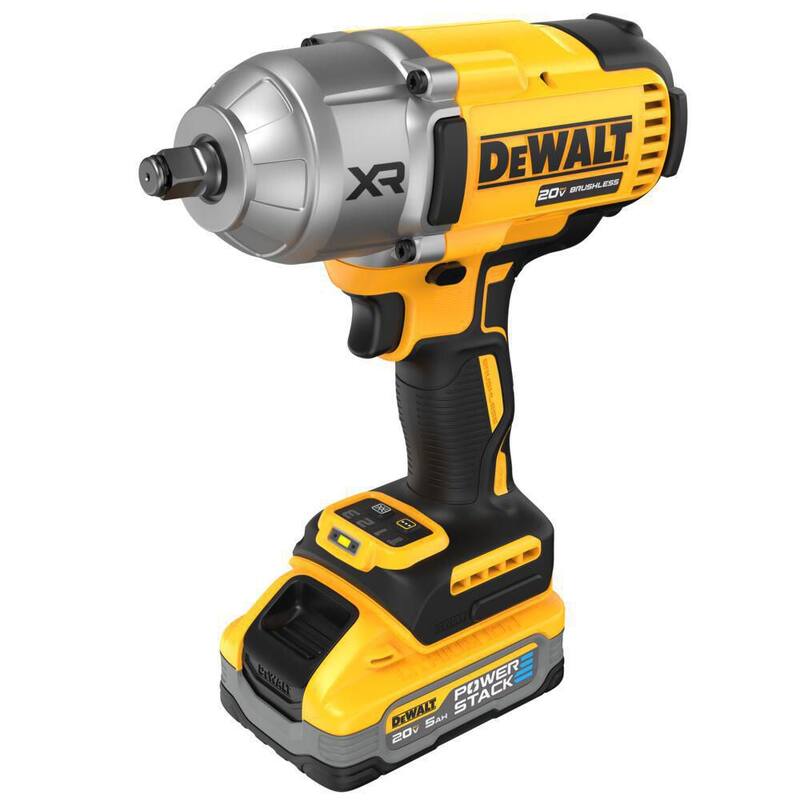 Llave de impacto inalámbrica de 1/2 pulgadas DEWALT 20V Max XR de iones de litio con anillo de retención Hog Ring, kit con (2) baterías Powerstack de 5Ah y cargador - DCF900H1WCBP520