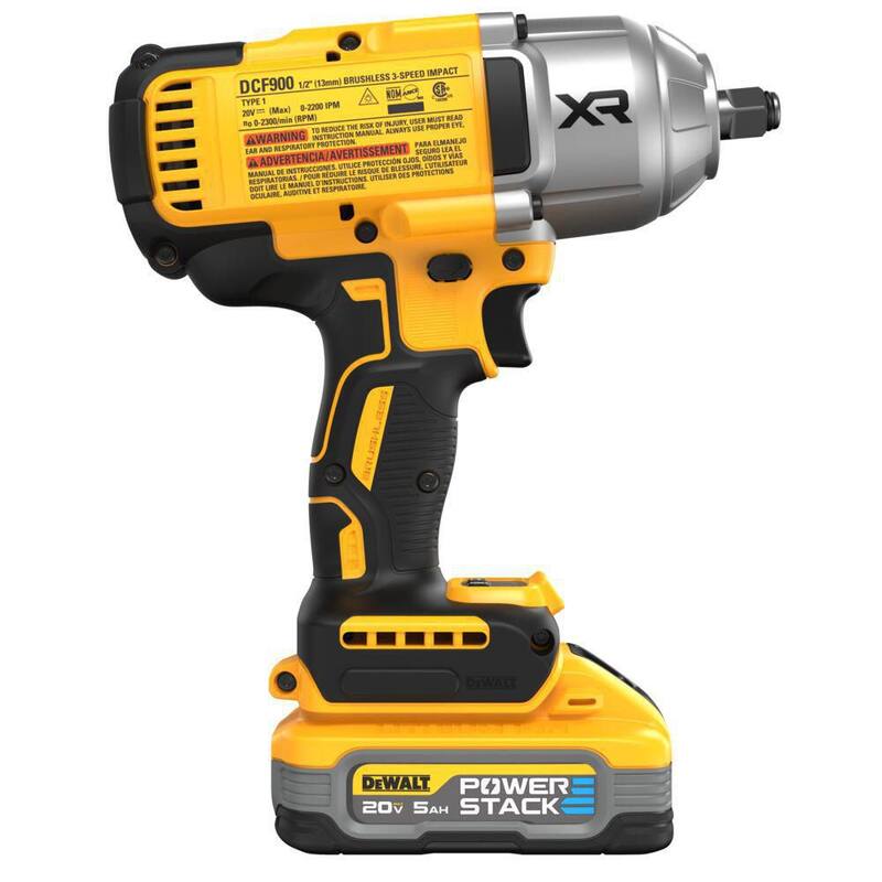 Llave de impacto inalámbrica de 1/2 pulgadas DEWALT 20V Max XR de iones de litio con anillo de retención Hog Ring, kit con (2) baterías Powerstack de 5Ah y cargador - DCF900H1WCBP520