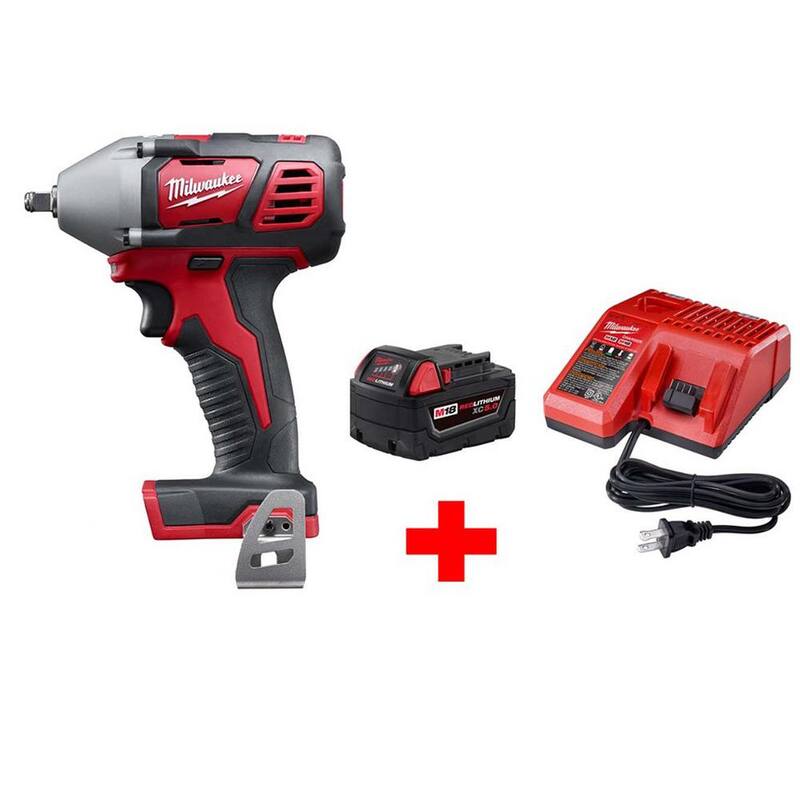 Llave de impacto inalámbrica de 18V de 3/8 de pulgada Milwaukee M18 con anillo de fricción y kit de inicio M18 (1) batería de 5.0Ah y cargador - 2658-20-48-59-1850