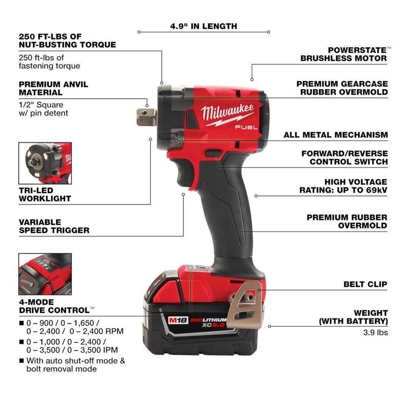 Llave de impacto inalámbrica compacta Milwaukee M18 FUEL 18V de ion de litio sin escobillas de 1/2 pulgadas con kit de retención de pasador y baterías resistentes - 2855P-22R