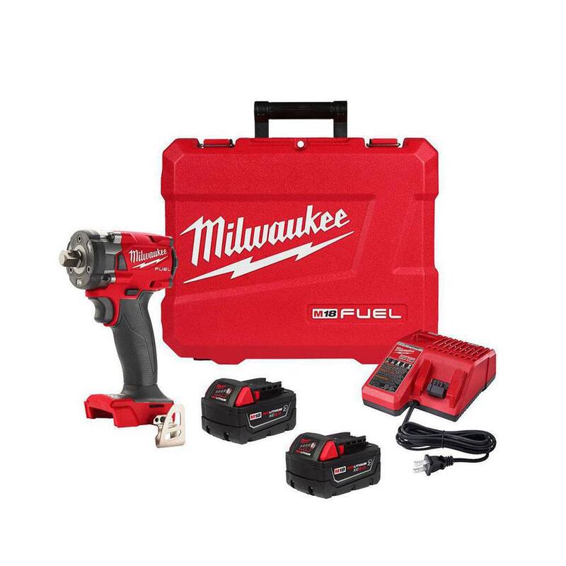 Llave de impacto inalámbrica compacta Milwaukee M18 FUEL 18V de ion de litio sin escobillas de 1/2 pulgadas con kit de retención de pasador y baterías resistentes - 2855P-22R