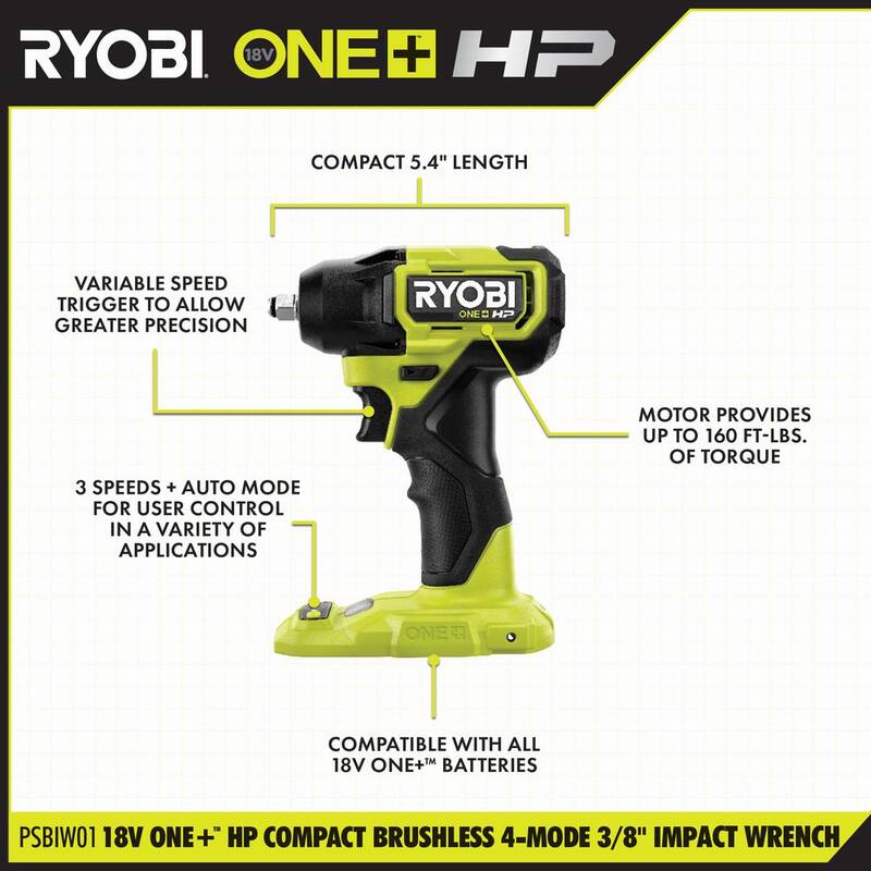 RYOBI ONE+ HP 18V Llave de impacto compacta sin escobillas inalámbrica de 3/8 pulgadas con kit de batería de 1.5 Ah y cargador de 18V - PSBIW01K