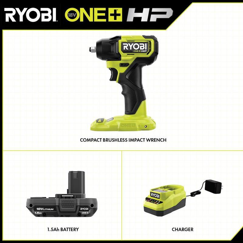 RYOBI ONE+ HP 18V Llave de impacto compacta sin escobillas inalámbrica de 3/8 pulgadas con kit de batería de 1.5 Ah y cargador de 18V - PSBIW01K