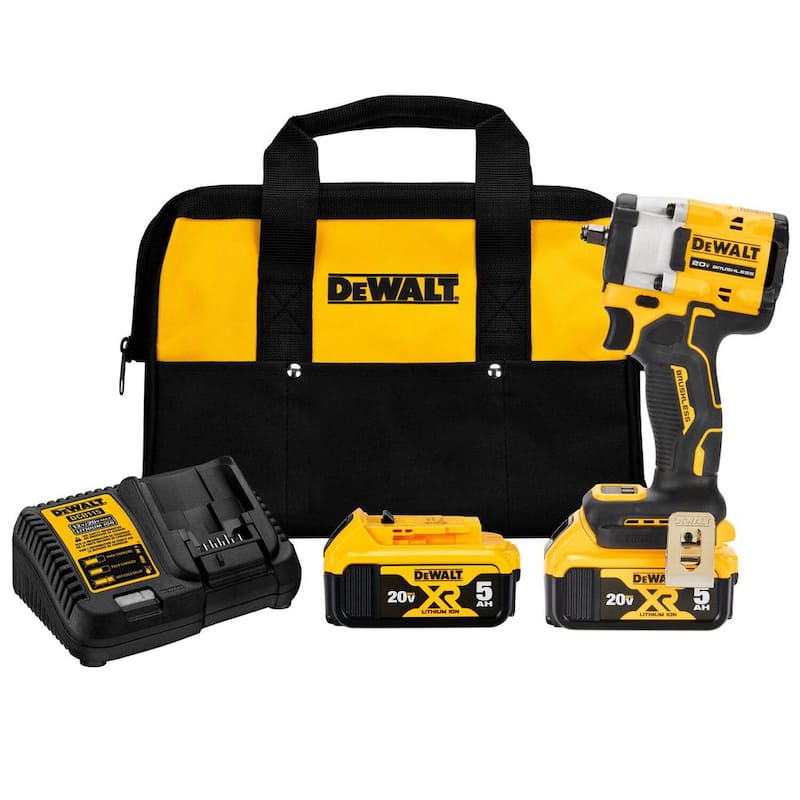 Juego de llave de impacto inalámbrica sin escobillas DEWALT ATOMIC 20V MAX de ion de litio de 3/8 pulg. con anillo de retención tipo HOG y (2) baterías de 20V 5Ah - DCF923P2