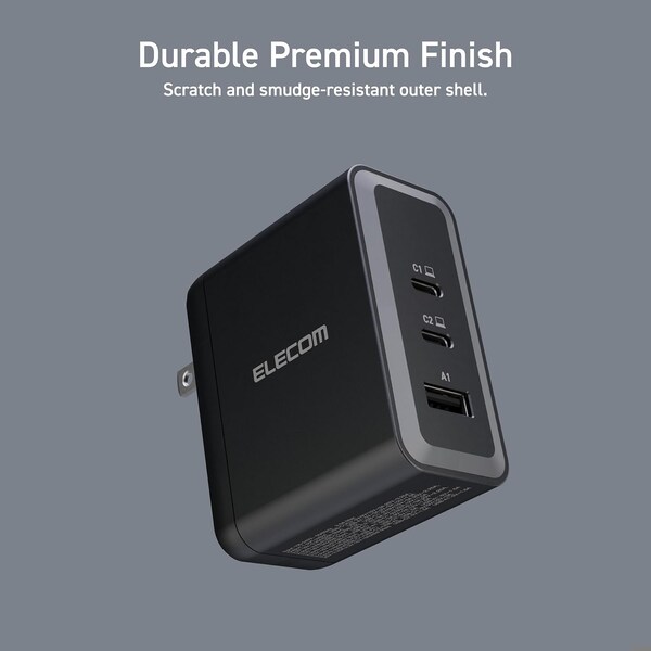 Elecom 100W Smart PD-PPS USB Charger, GaN II Fast Charging, Thermal Protection, TypeC x 2, Type A x 1 - EC-AC65100BK