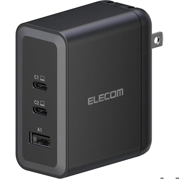Elecom 100W Smart PD-PPS USB Charger, GaN II Fast Charging, Thermal Protection, TypeC x 2, Type A x 1 - EC-AC65100BK