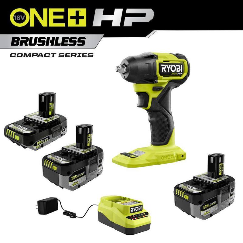 RYOBI ONE+ 18V Kit de ALTO RENDIMIENTO con (2) Baterías de 4.0 Ah, Batería de 2.0 Ah, Cargador y Llave de Impacto Brushless ONE+ HP - PSBIW01B-PSK108SB