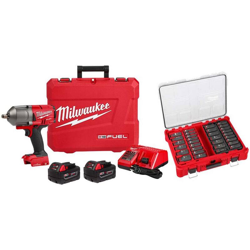 Milwaukee M18 FUEL ONE-KEY 18V Li-Ion sin escobillas inalámbrico con llave de impacto de 1/2 pulgadas de alto torque FR Kit con juego de llaves de vaso PO SAE y métricas (31 piezas) - 2863-22R-49-66-6806