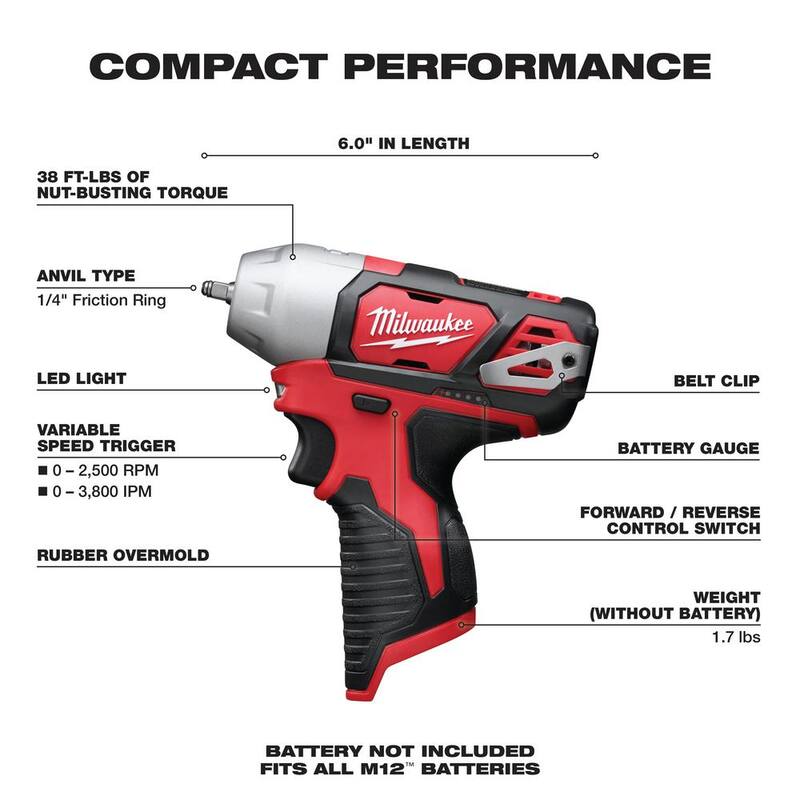 Atornillador de impacto inalámbrico de 1/4 de pulgada Milwaukee M12 12V de iones de litio (sólo herramienta) - 2461-20