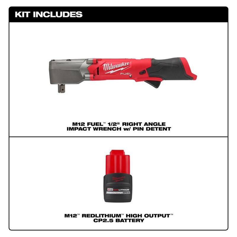 Llave de impacto angular recta inalámbrica Milwaukee M12 FUEL de 12V de iones de litio sin escobillas de 1/2 pulgada con retención de pasador y paquete de batería CP 2.5 Ah - 2565P-20-48-11-2425