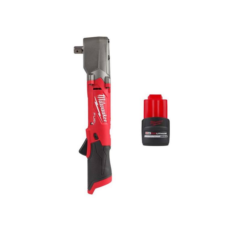 Llave de impacto angular recta inalámbrica Milwaukee M12 FUEL de 12V de iones de litio sin escobillas de 1/2 pulgada con retención de pasador y paquete de batería CP 2.5 Ah - 2565P-20-48-11-2425