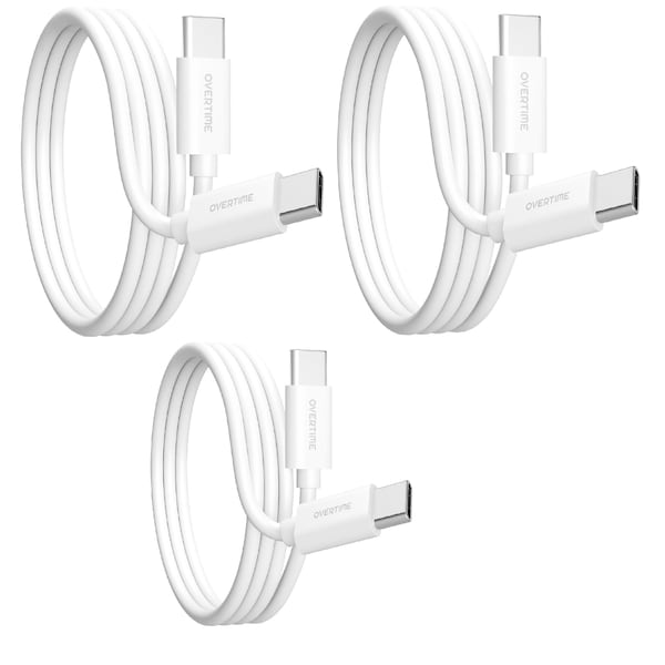 Overtime iOS Compatible Charger Set of 3, 10ft USB-C Charging Cord, White - OTDCUSBCTC10WHX3