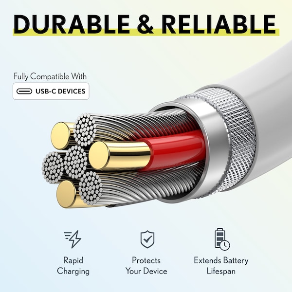 Overtime iOS Compatible Charger Set of 3, 10ft USB-C Charging Cord, White - OTDCUSBCTC10WHX3