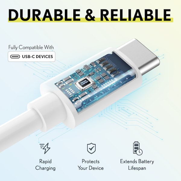 Overtime iOS Compatible Charger Set of 3, 10ft USB-C Charging Cord, White - OTDCUSBCTC10WHX3