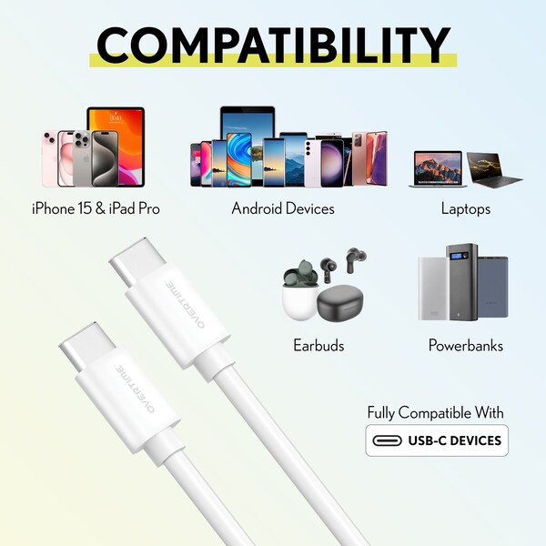Overtime iOS Compatible Charger Set of 3, 10ft USB-C Charging Cord, White - OTDCUSBCTC10WHX3