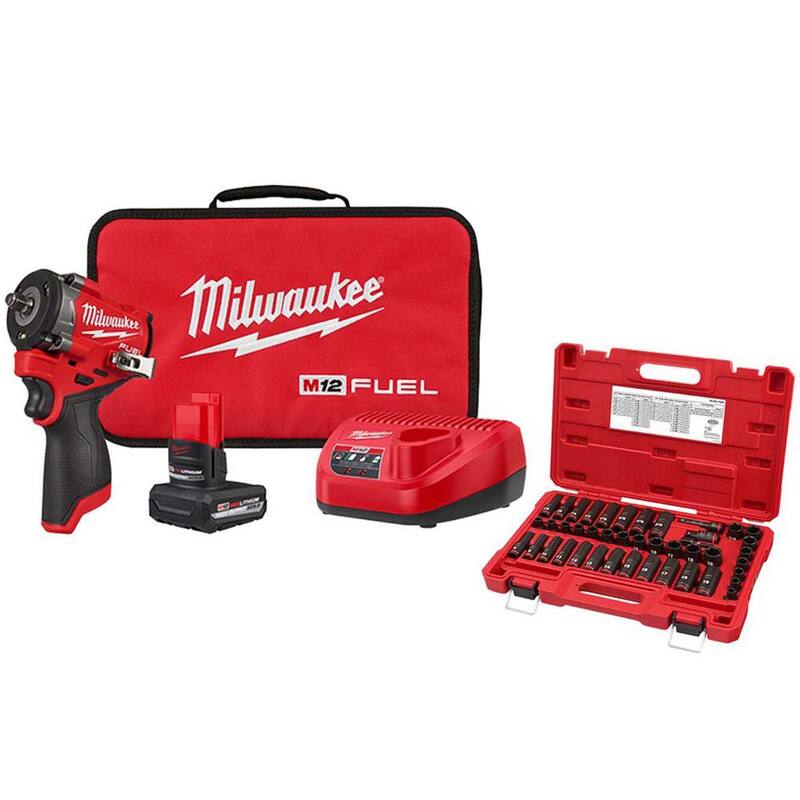 Juego de llave de impacto inalámbrica Milwaukee M12 FUEL 12V con motor sin escobillas y cabezal corto de 3/8 in. con juego de dados de impacto SAE y métricos (43 piezas) - 2562-21-49-66-7009