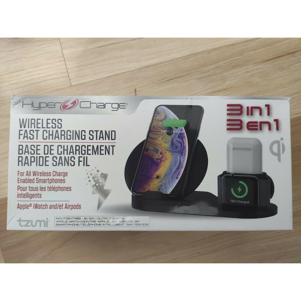 Tzumi 3-in-1 Qi Wireless Fast Charging Station, Black - 7074