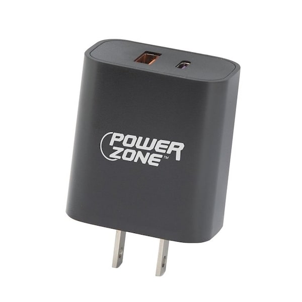 Powerzone PD+QC Dual USB Wall Charger, 100 to 240 V Input, 3 A Charge, Black - CA-43AT