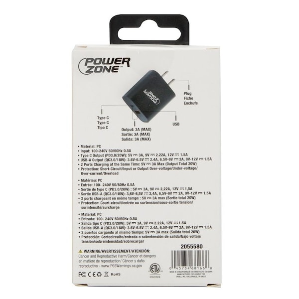 Powerzone PD+QC Dual USB Wall Charger, 100 to 240 V Input, 3 A Charge, Black - CA-43AT