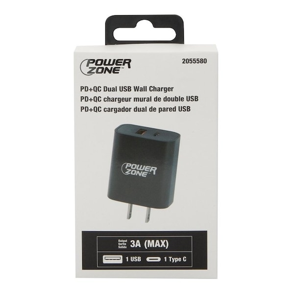 Powerzone PD+QC Dual USB Wall Charger, 100 to 240 V Input, 3 A Charge, Black - CA-43AT